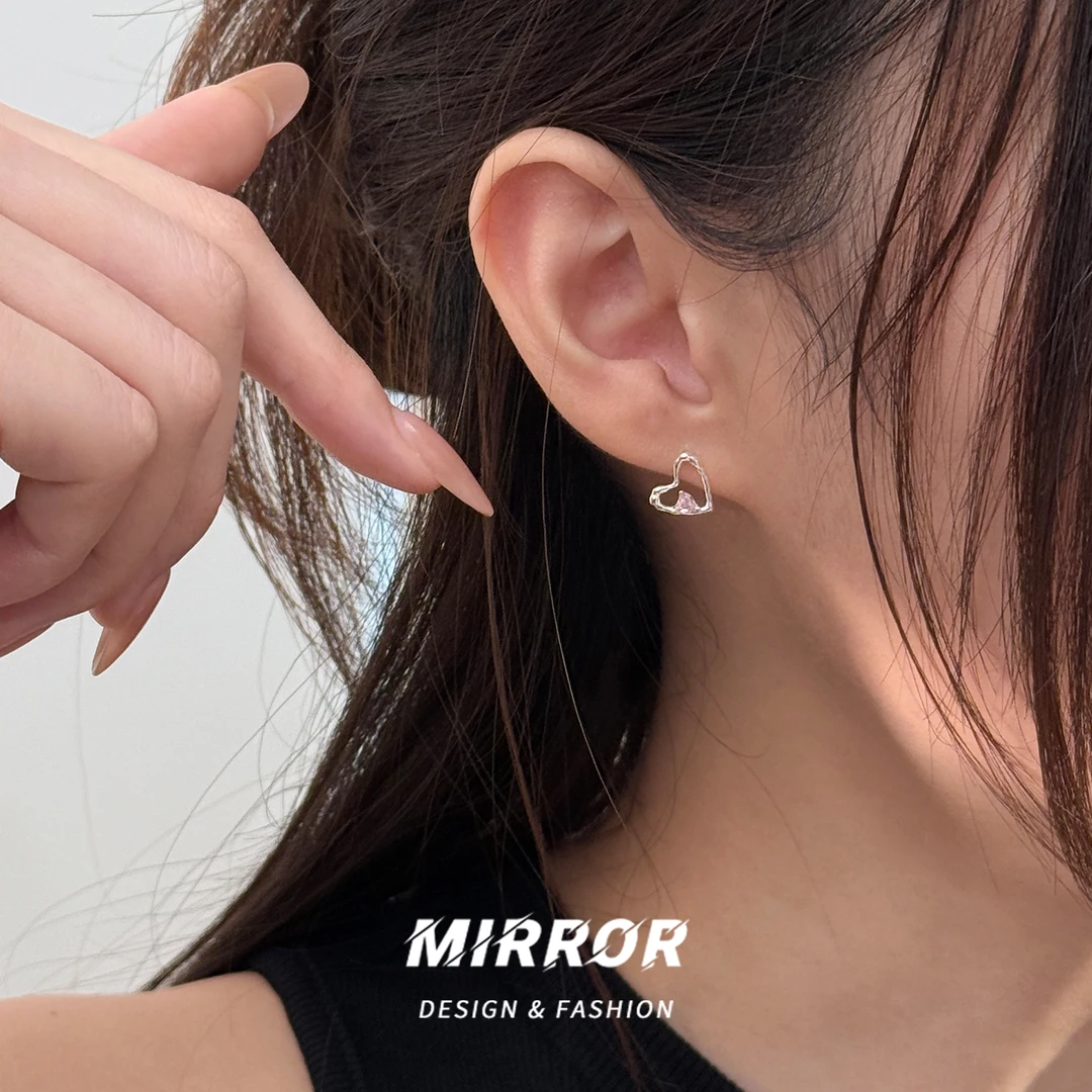 小麋人 足银耳饰 CE9484粉色爱心耳钉女耳环耳饰简约个性文艺
