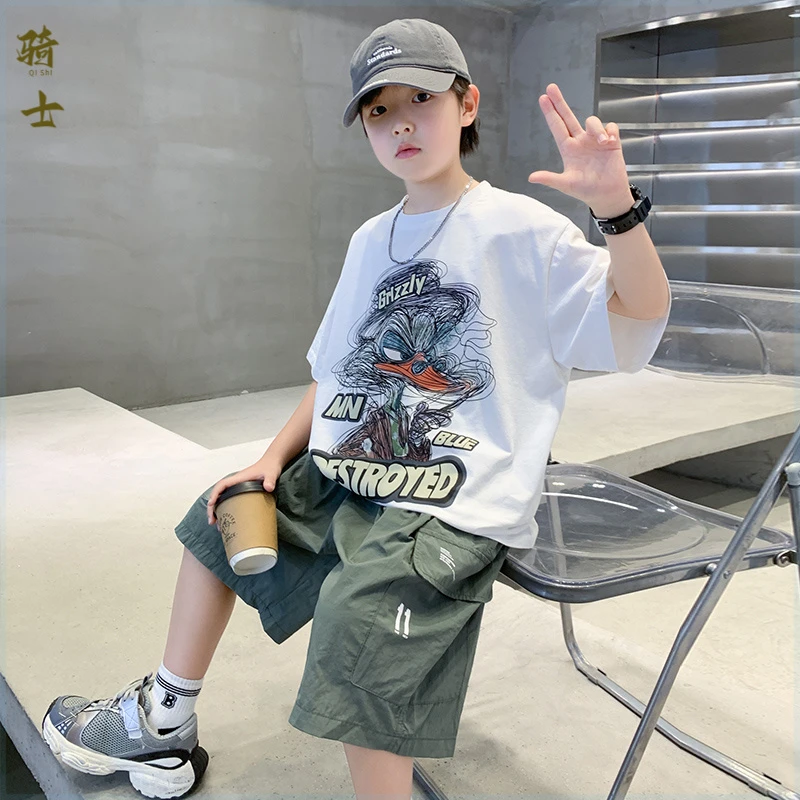 男童卡通印花短袖套装2025新款中大童夏季新款休闲运动男孩两件套