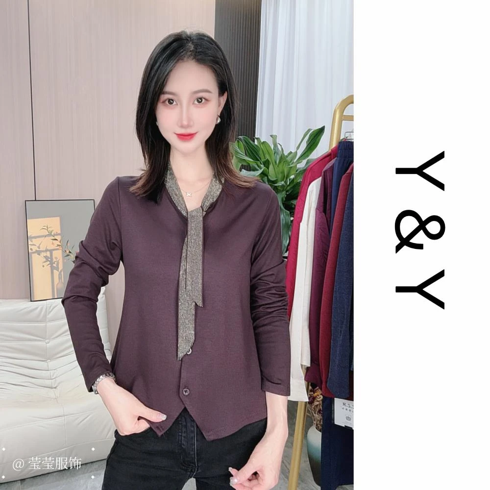 2025年新款长袖衬衫宽松型常规烫钻领带修身设计感开衫