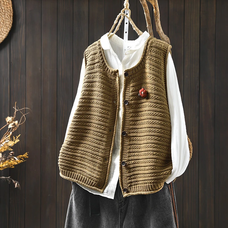 手工花朵棉线红色针织马甲开衫女士2025秋季新款漂亮无袖叠穿坎肩