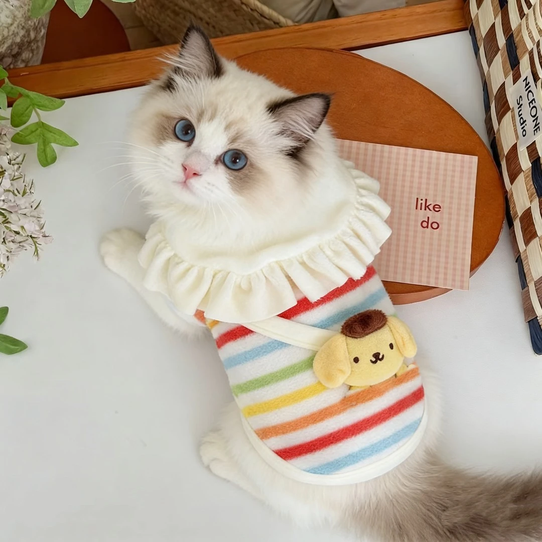 猫咪衣服秋冬新款可爱条纹衫花边领背心布偶猫金渐层小猫冬天绒衣