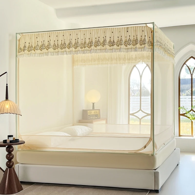 折叠家用卧室防摔防蚊加厚加高公主风U型门蕾丝三开门坐床蚊帐伊