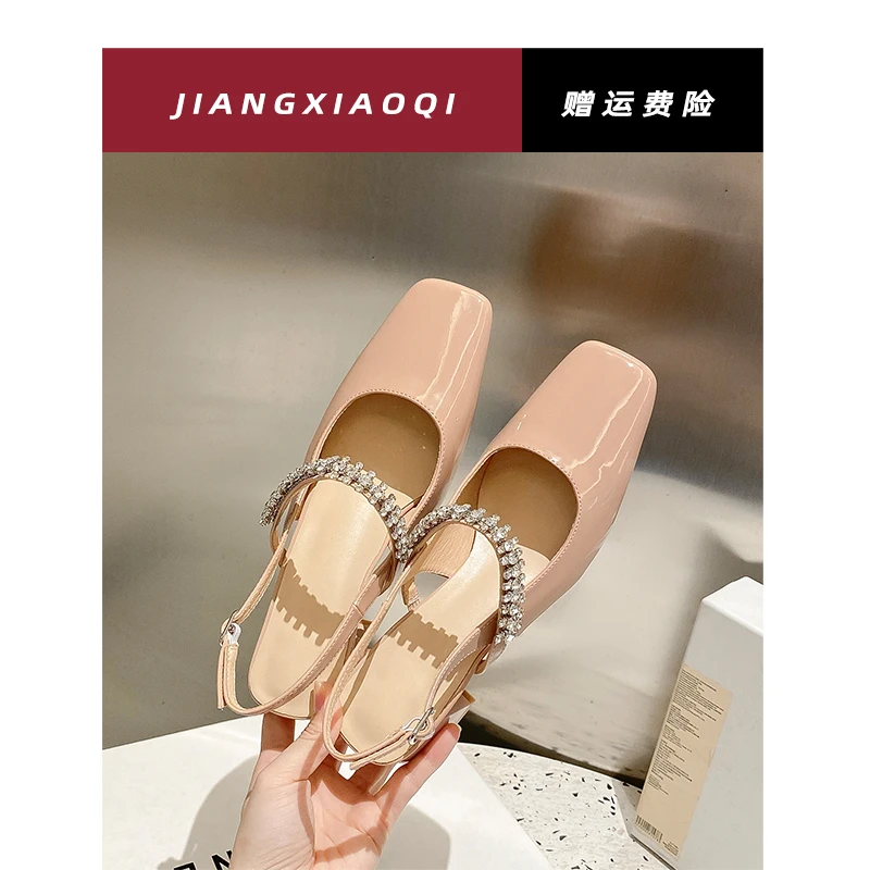 纯欲风不累脚软皮高跟鞋女显脚小水钻一字带夏季外穿凉鞋方头女鞋