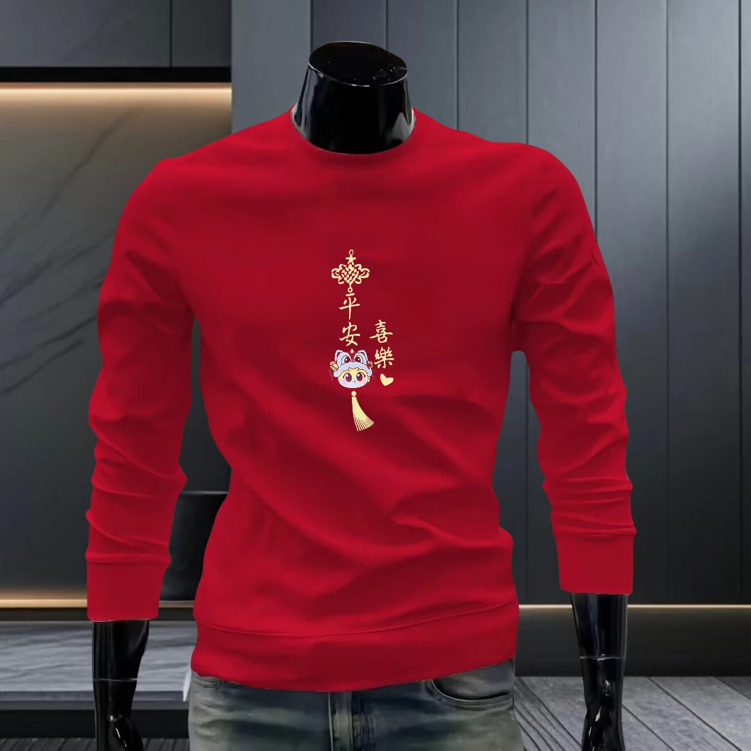 冬季圆领长袖男装红色加绒卫衣时尚潮流秋冬印花休闲秋季上衣