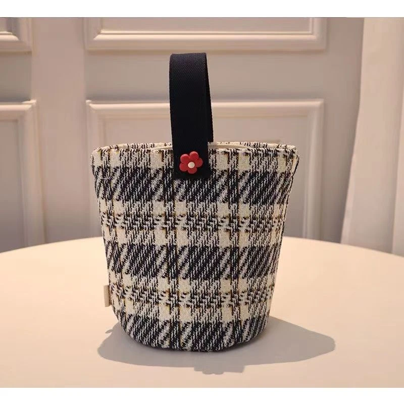 《粉丝福利》时尚简约格纹帆布水桶包上班手拎包文艺百搭手提包便当