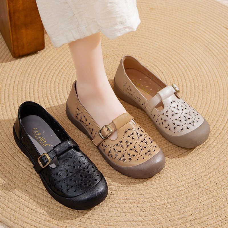 【专柜撤柜】真皮休闲妈妈鞋女平底透气中老年凉鞋包头洞洞镂空舒适