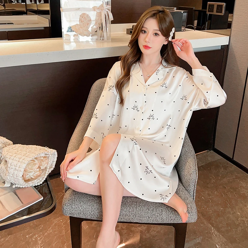 【波点皇冠】Nina夏季波点衬衫裙冰丝睡裙薄款居家冰丝性感睡衣