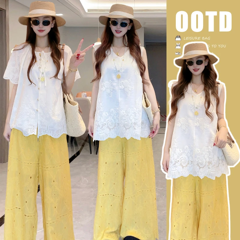 【Liner】现货夏上新度宽松百搭假蕾丝上衣+猪鼻花边棉布阔腿裤套装