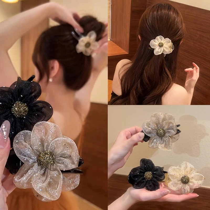 春夏新款网纱花朵丸子头抓夹女新款盘发夹神器马尾夹固定发卡