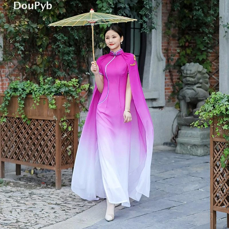 DouPyb轻奢走秀旗袍长款披肩飘逸秀舞台演出服大码复古中国风年轻