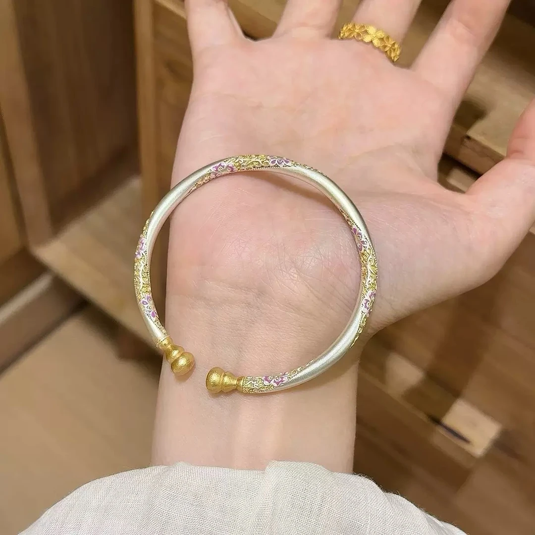 足银手镯 足银999.9新中式珐琅彩繁花小葫芦轻奢实心开口手镯A02