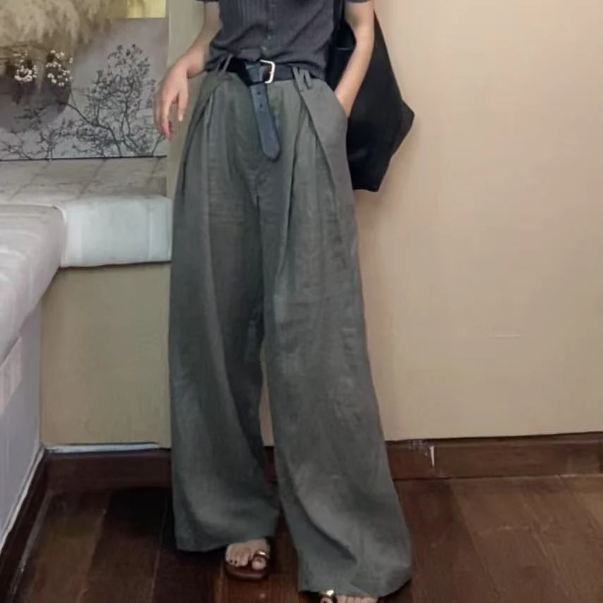 柚兮原创自制～小个子高级感亚麻宽松阔腿女裤高腰休闲雅痞风长裤
