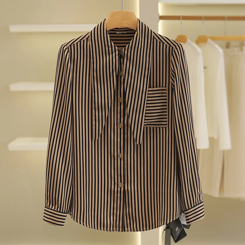 【伍莎-自营】淑女系条纹宽松锥形领长袖衬衫#ZYM48S016