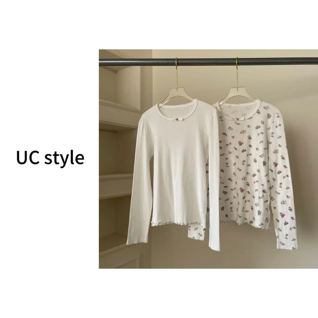 A7128木耳边碎花圆领修身打底长袖主播穿S码