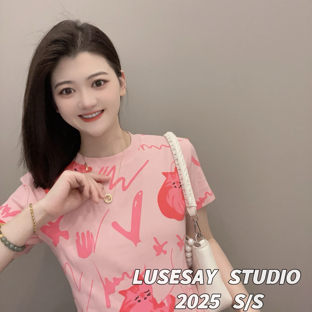 LUSESAY 设计感猫猫满印 早春2025新款 短袖t恤女百搭休闲上衣