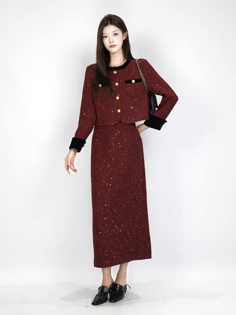 【仓内仓外】秋冬时尚优雅轻熟法式小香风上下长套裙套装