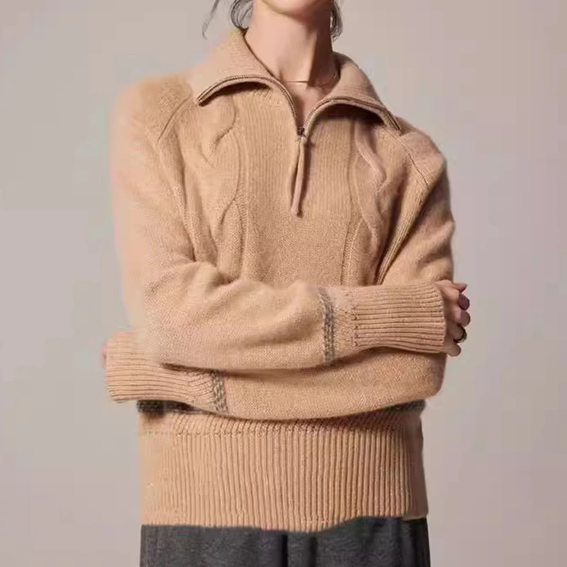 新纯色女针织宽松半开领拉链打底羊毛衫保暖翻领长袖毛衣加厚秋冬