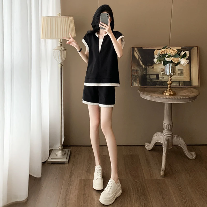 时尚休闲减龄套装女夏季新款洋气显瘦名媛气质拼接短袖短裤两件套
