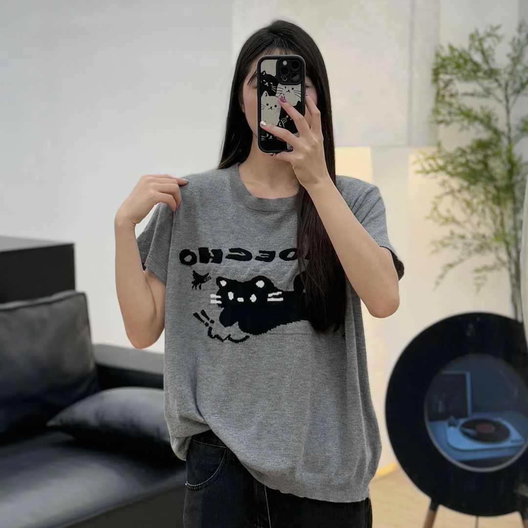 JUANJUAN自制女装灰色胸前字母蝴蝶猫短袖