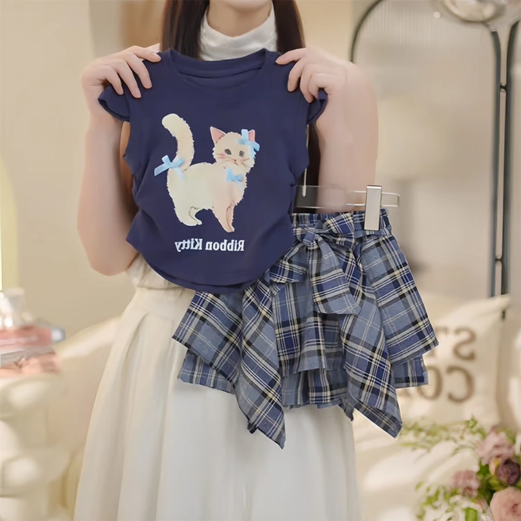 女童卡通收腰短袖T恤不规则格子半身裙套装2025夏款飞袖甜酷裙裤8