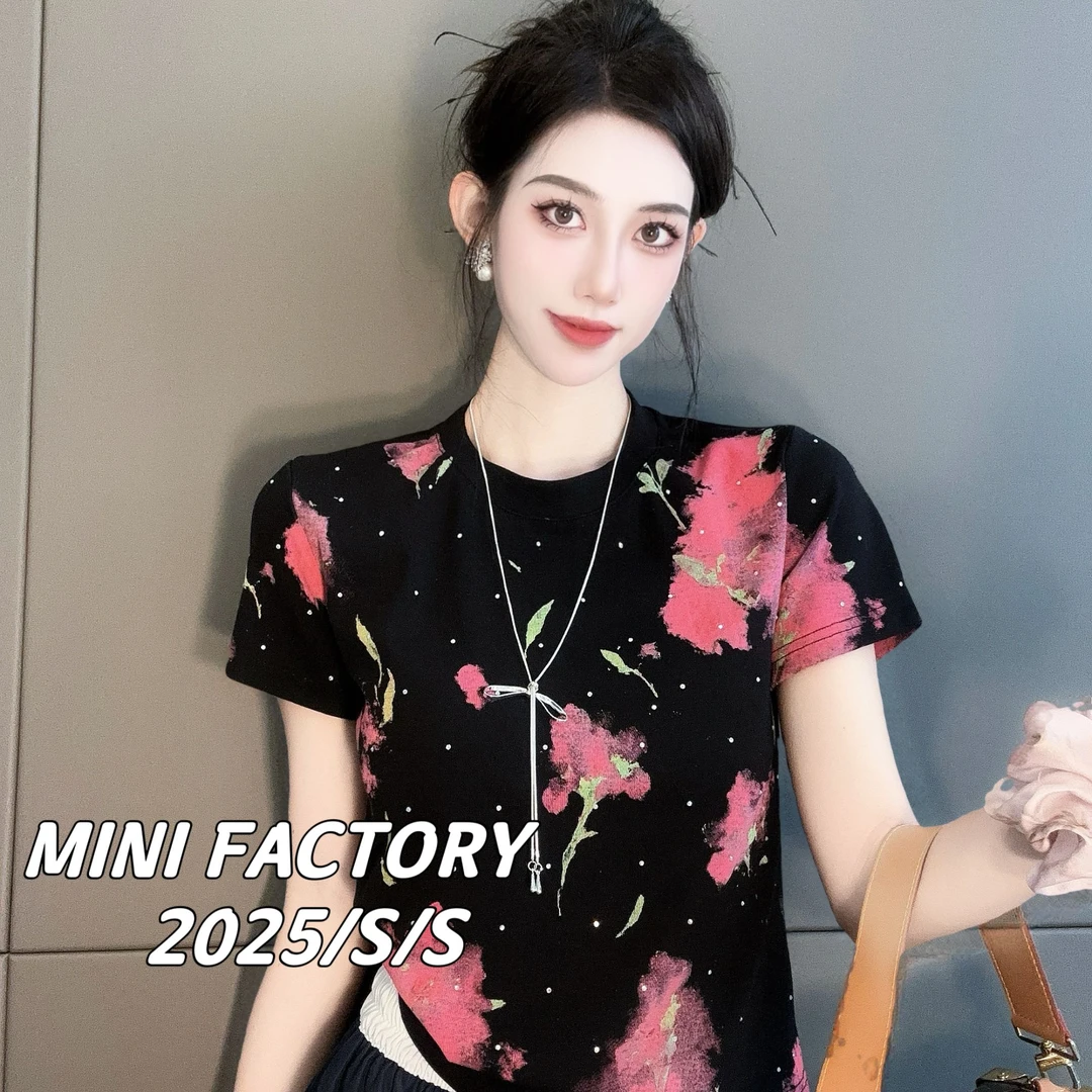 芈芈 2025新款短袖欧货细钻花朵印花尚短袖T恤女显瘦百搭上衣4006