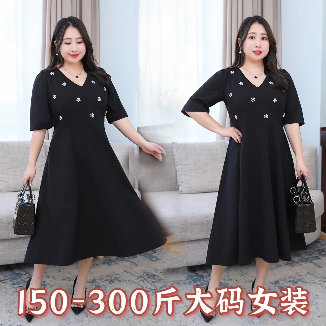 300斤加肥加大胖mm胸围150钉珠夏季风显瘦新品连衣裙