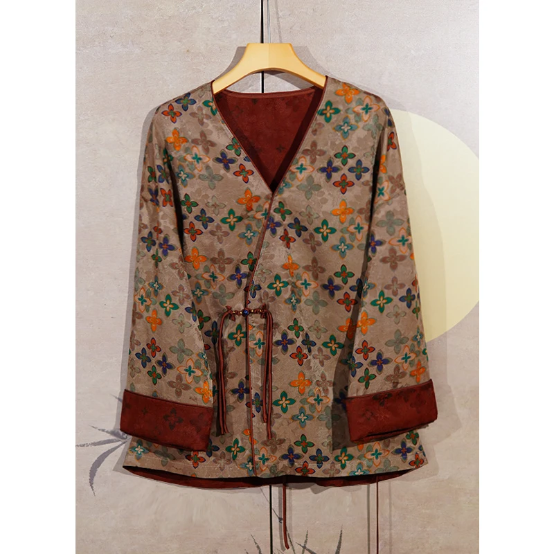 满分桑蚕丝香云纱V字领一粒扣复古国风长袖春夏季女潮流新品F4562