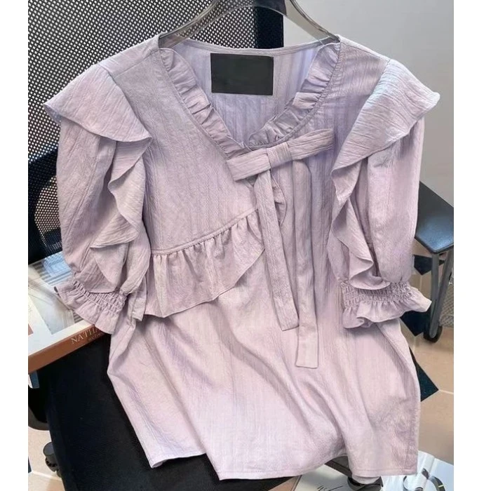 小清新夏装时尚大码温柔风娃娃衫小众设计感荷叶边蝴蝶结百搭衬衫