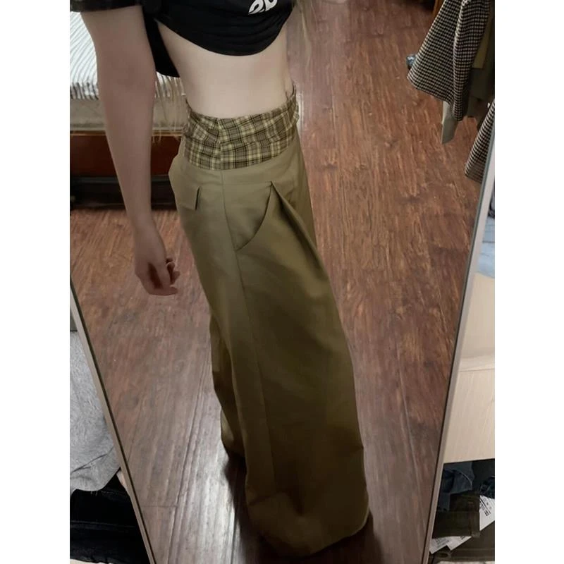 腰头拼接格纹休闲裤女小个子冬季2024新款设计感小众宽松阔腿长裤