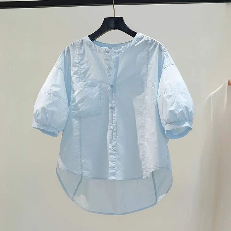 设计感圆领灯笼袖衬衫女浅蓝色棉衬衣2025夏季文艺范百搭宽松上衣