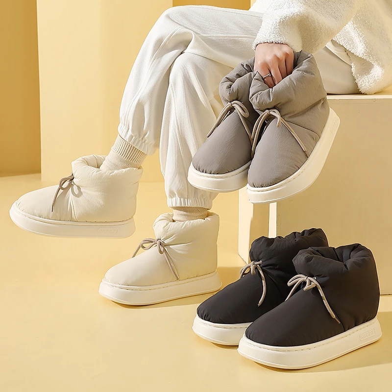 羽绒布冬季棉拖鞋男女款保暖包跟高帮居家室内厚底毛绒外穿雪地靴