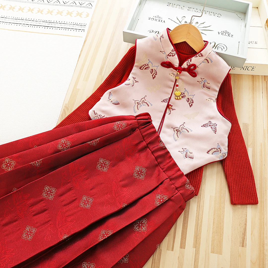 女童新中式拜年服套装2025冬季新款中大童洋气洋气马甲裙三件套