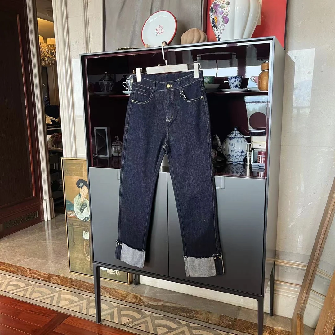 漫颜刘2024春季新品涤棉蓝色牛仔裤高腰直筒卷边休闲显瘦长裤