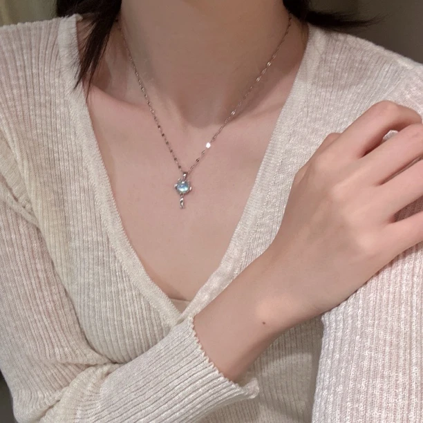 SG2657-［小猫吃鱼项链］海蓝宝合金项链均有瑕色差多样性发