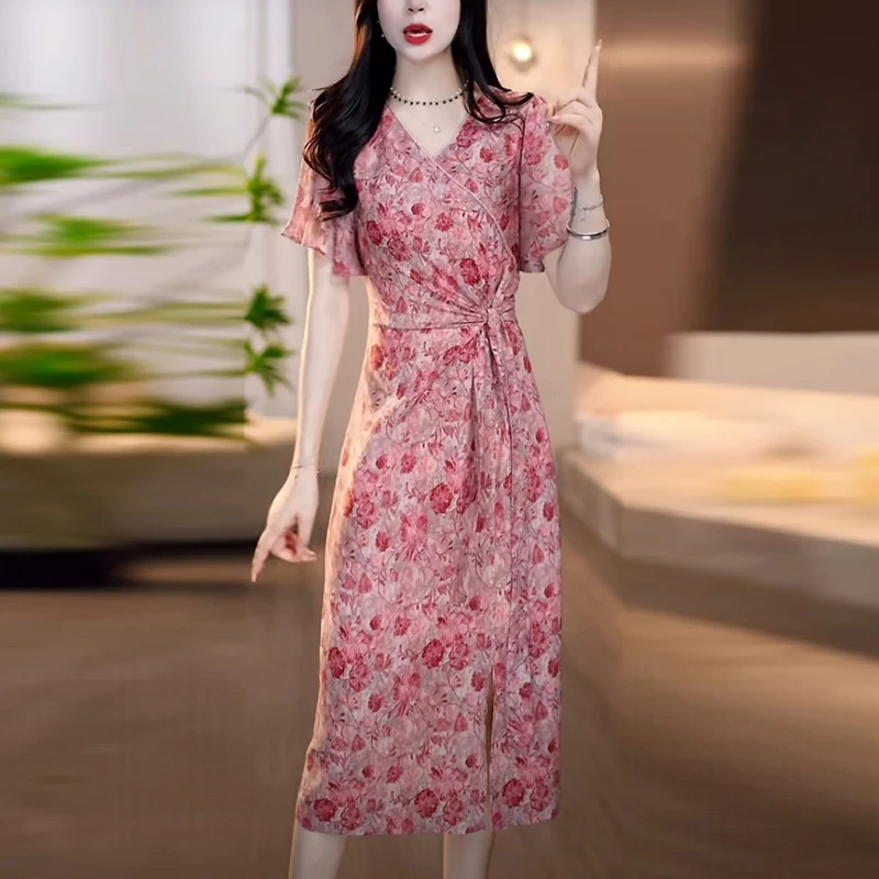 双丝皱时髦洋气衣服女2025夏季新款时尚法式碎花收腰显瘦连衣裙子