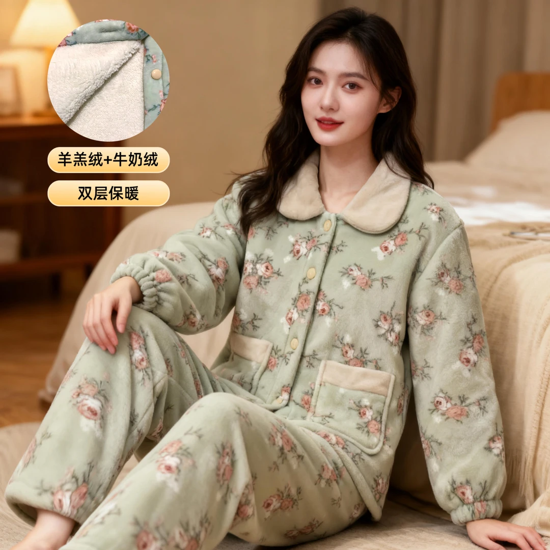 【羊羔绒+牛奶绒】睡衣女双层加厚冬季加绒家居服冬季可外穿套装
