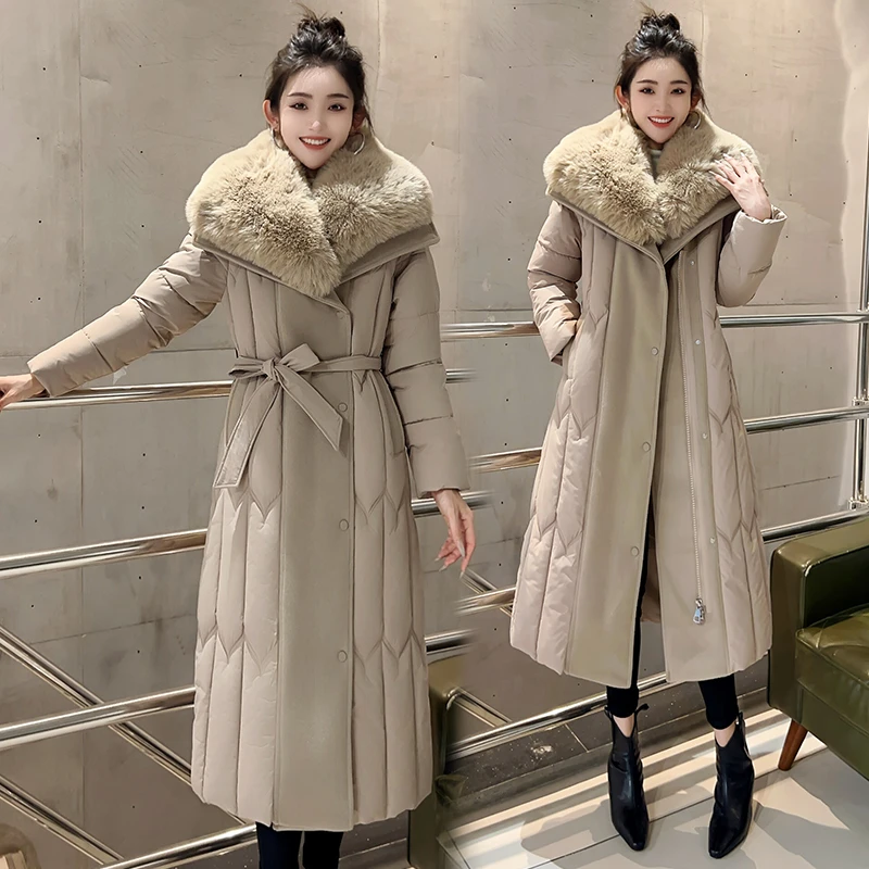 大码女装冬季中长款外套宽松加厚棉服时尚收腰显瘦连帽过膝棉衣