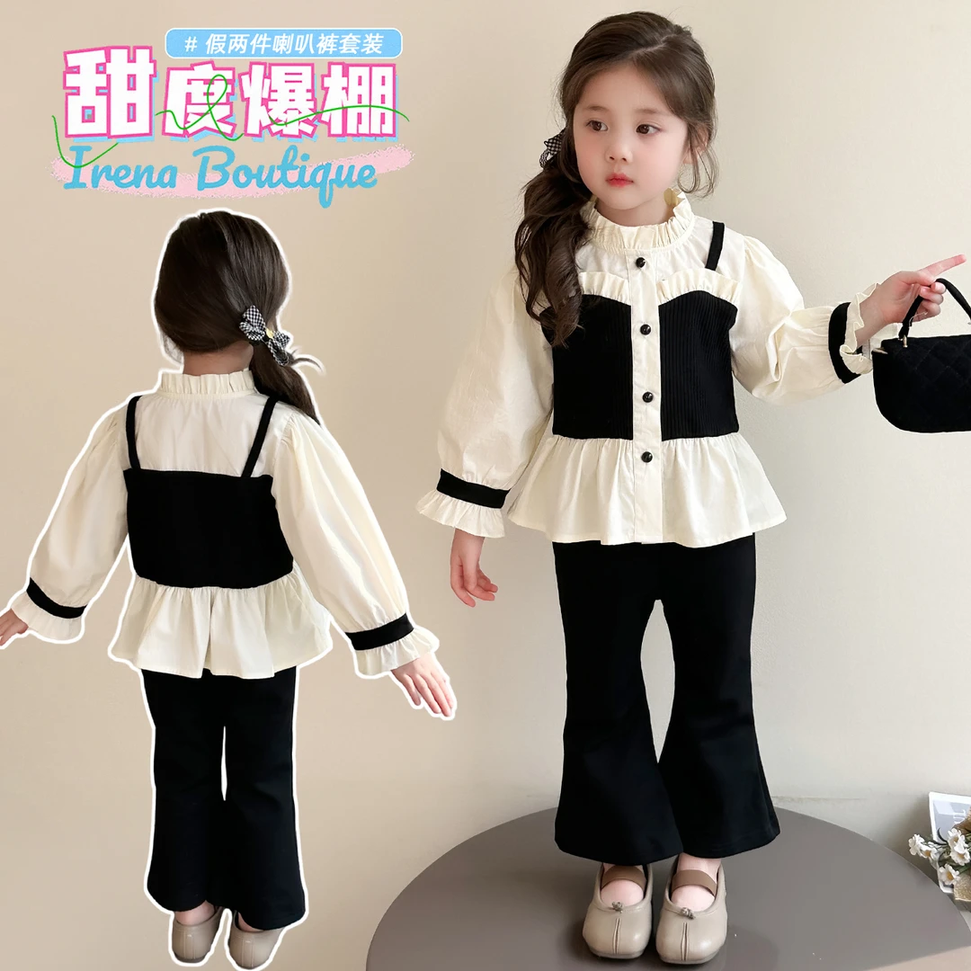 韩版春秋女童小香风假两件套儿童外出炸街潮服小女孩洋气时髦套装