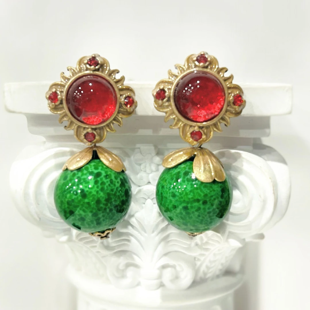 铜合金琉璃耳饰 4318西洋中古风 vintage复古红色绿蛙皮耳环