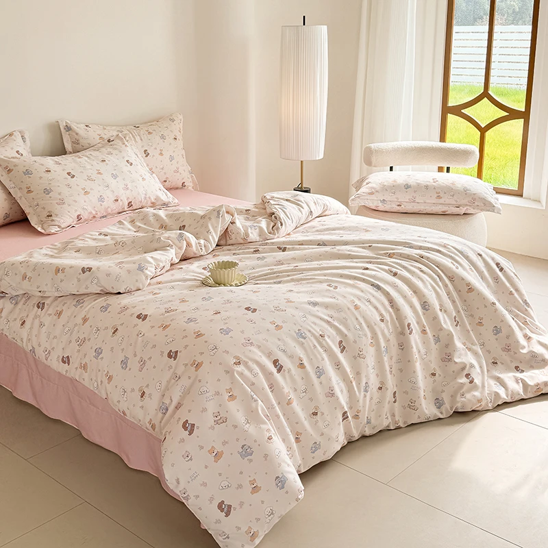 针织双层纱秋冬新款A类床品套件母婴级小清新印花四件套被套被罩
