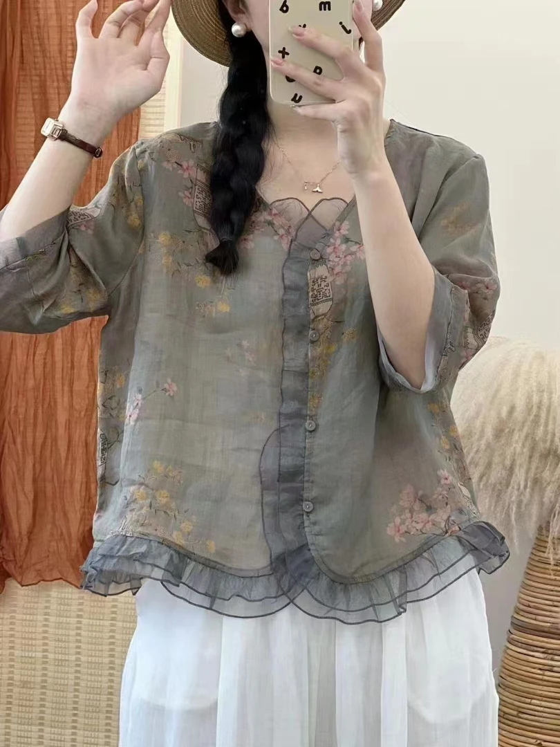 2025夏季新品时尚国潮小开衫文艺复古印花衬衫简约白色阔腿长裤女