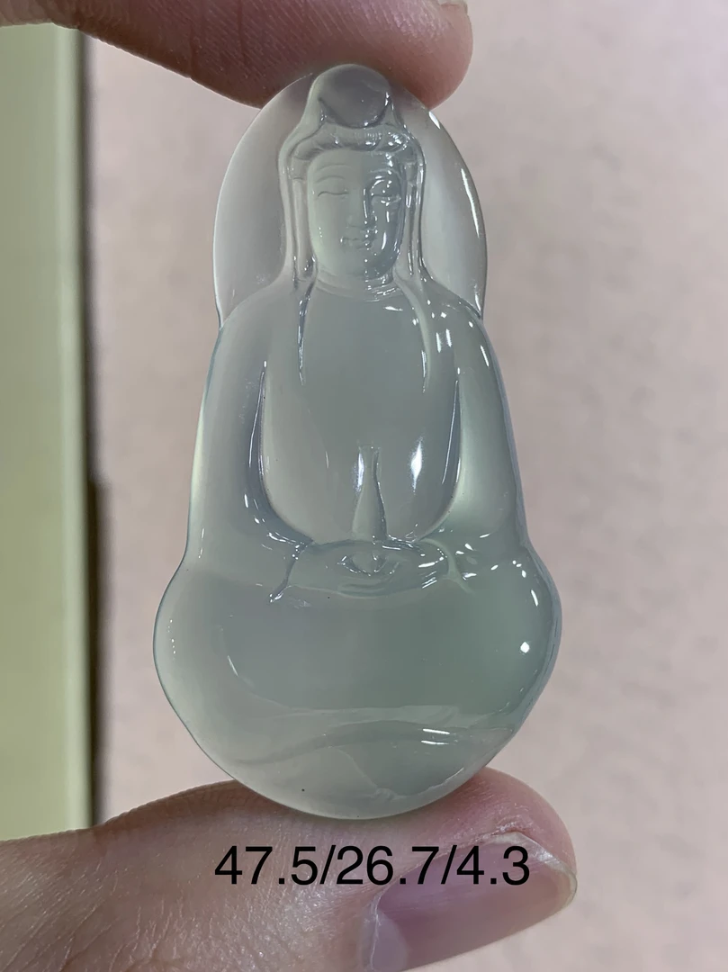 天然缅甸翡翠A货素衣观音吊坠,正冰种,底纯干净,一刀切男士佩戴