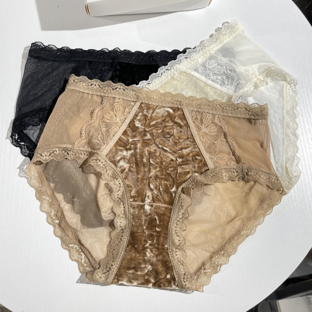 3条装丝绒永恒 秋季新款薄款中腰大包臀蕾丝丝绒舒适透气三角内裤