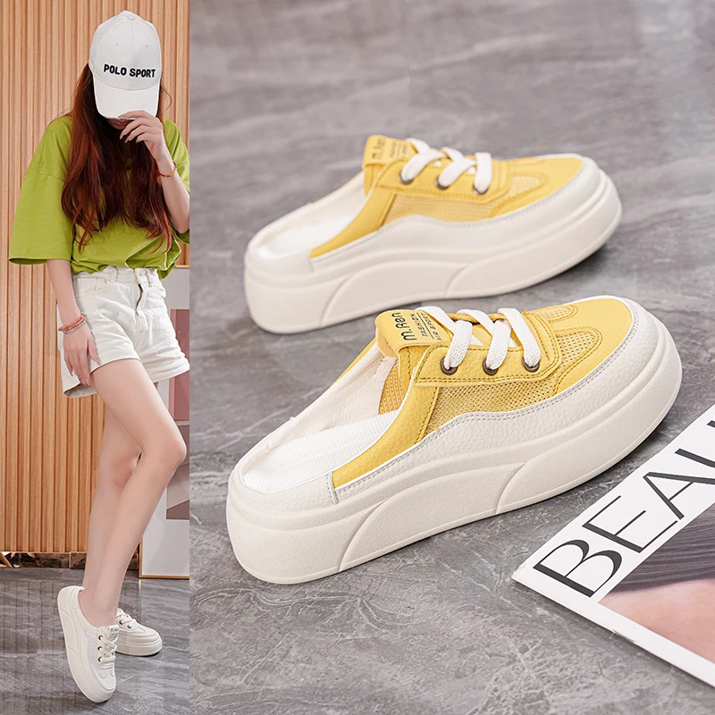 软底网面小白鞋子女鞋2025新款包头半拖鞋夏外穿一脚蹬套脚懒人鞋