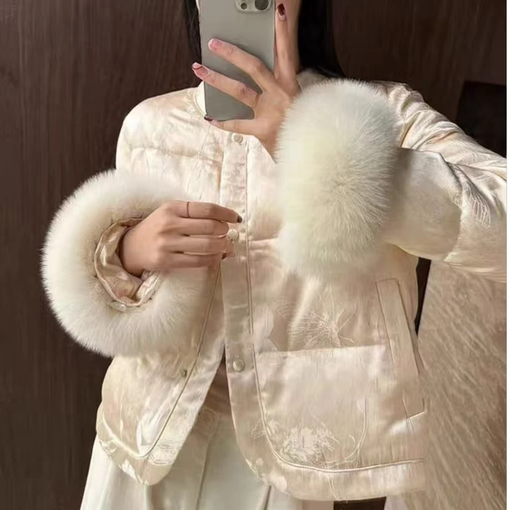 新国风缎面提花仿钻棉棉衣