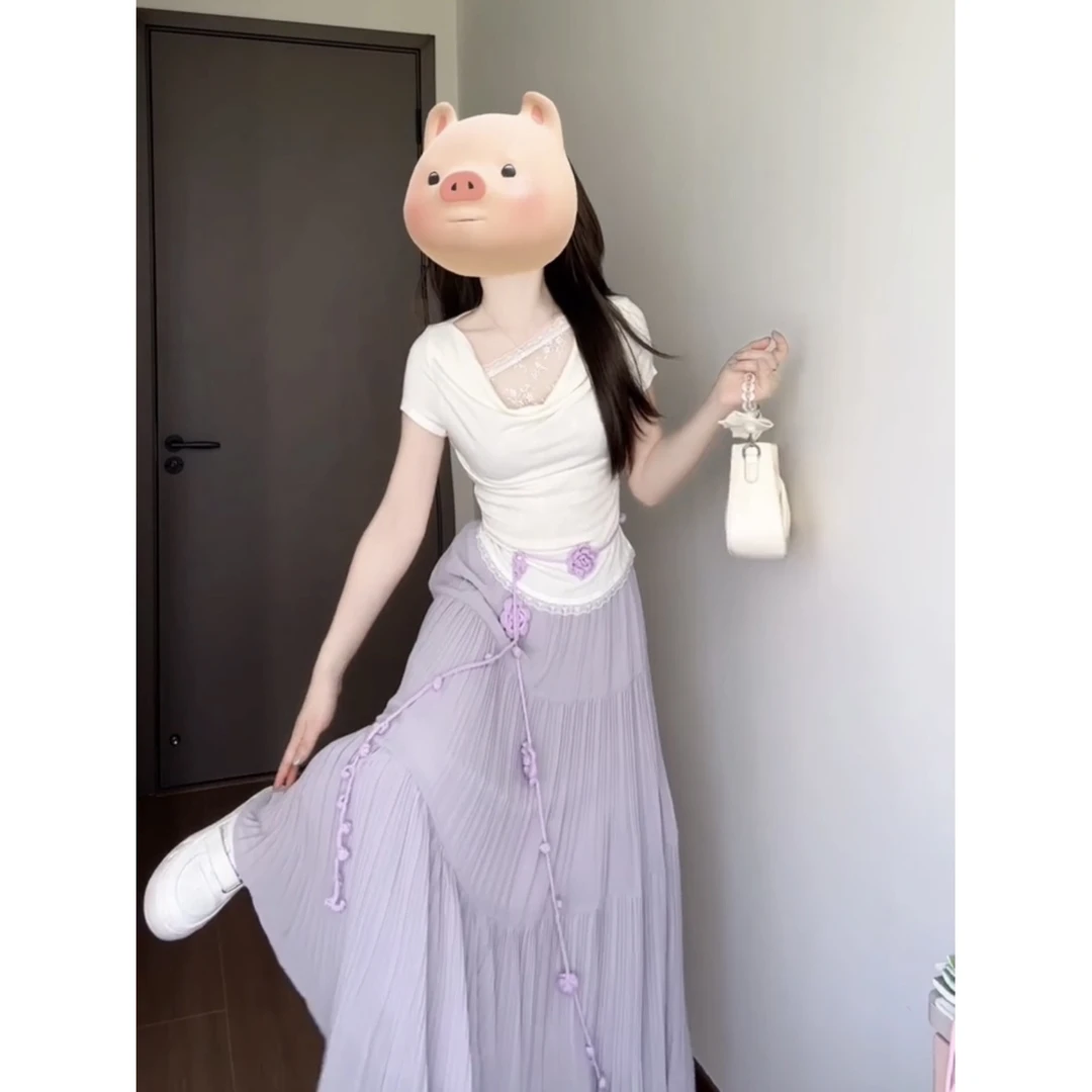 法式蕾丝边拼接短袖t恤女夏季甜美风设计感修身显瘦荡领露肩上衣