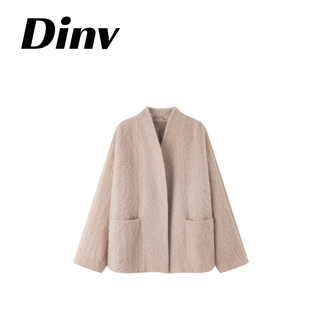 Dinv/挚爱温柔B入_静奢风小皮草 山羊绒拉绒无领毛呢外套短款大衣