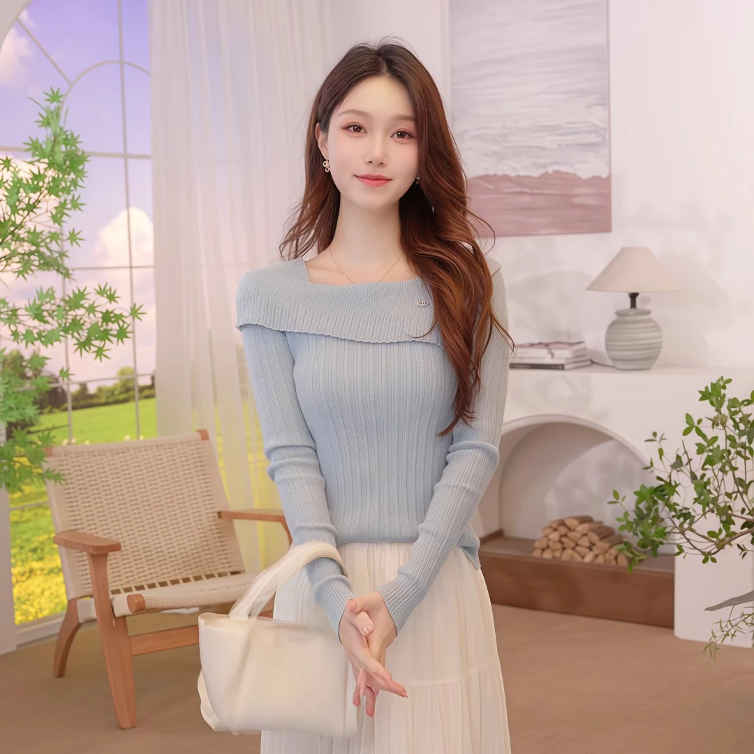 【琥珀流光风】茵曼2025年秋季一字肩长袖套头时尚百搭针织衫气质
