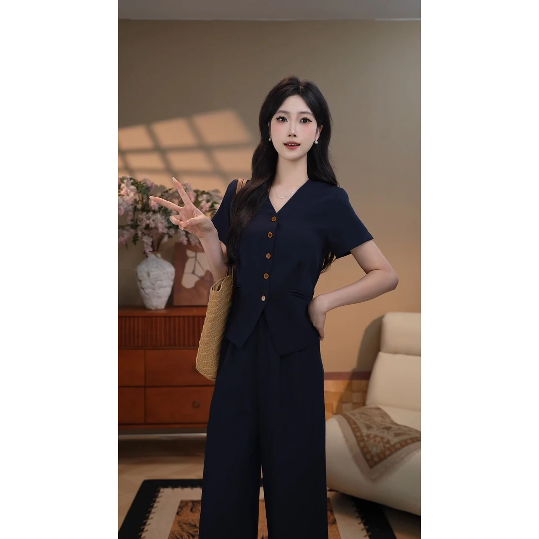 意式轻奢慵懒休闲套装女透气短袖衬衫高腰宽松阔腿裤减龄两件套