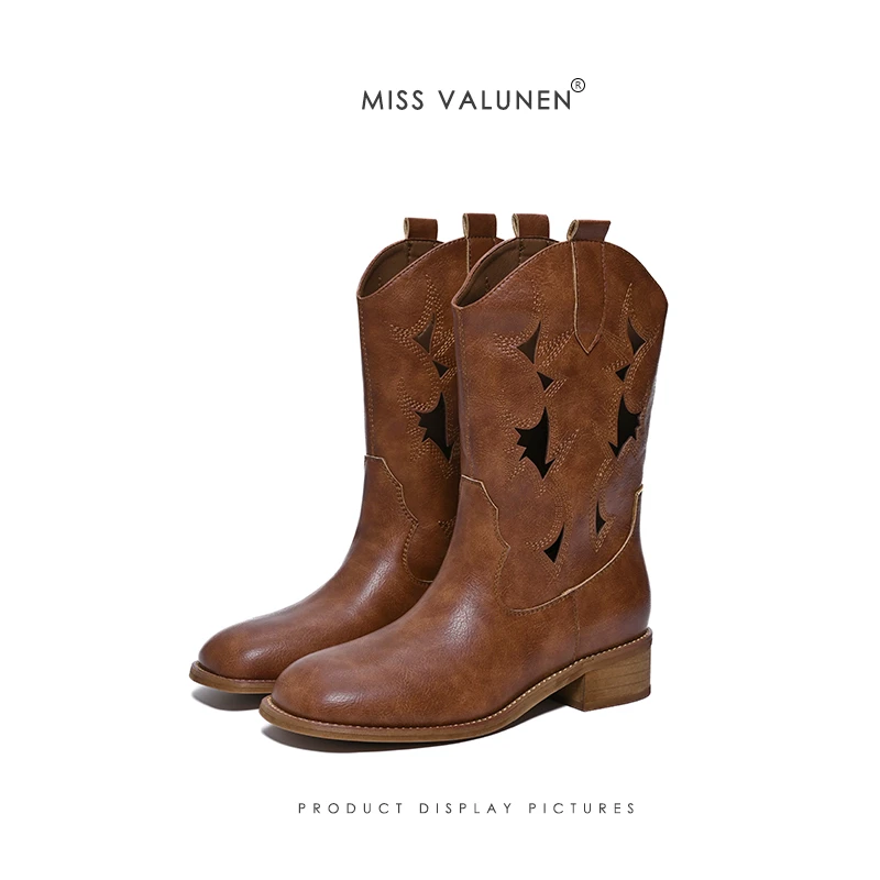 【圆头版】夏日新款镂空西部牛仔靴女尖头粗跟短筒靴西部靴